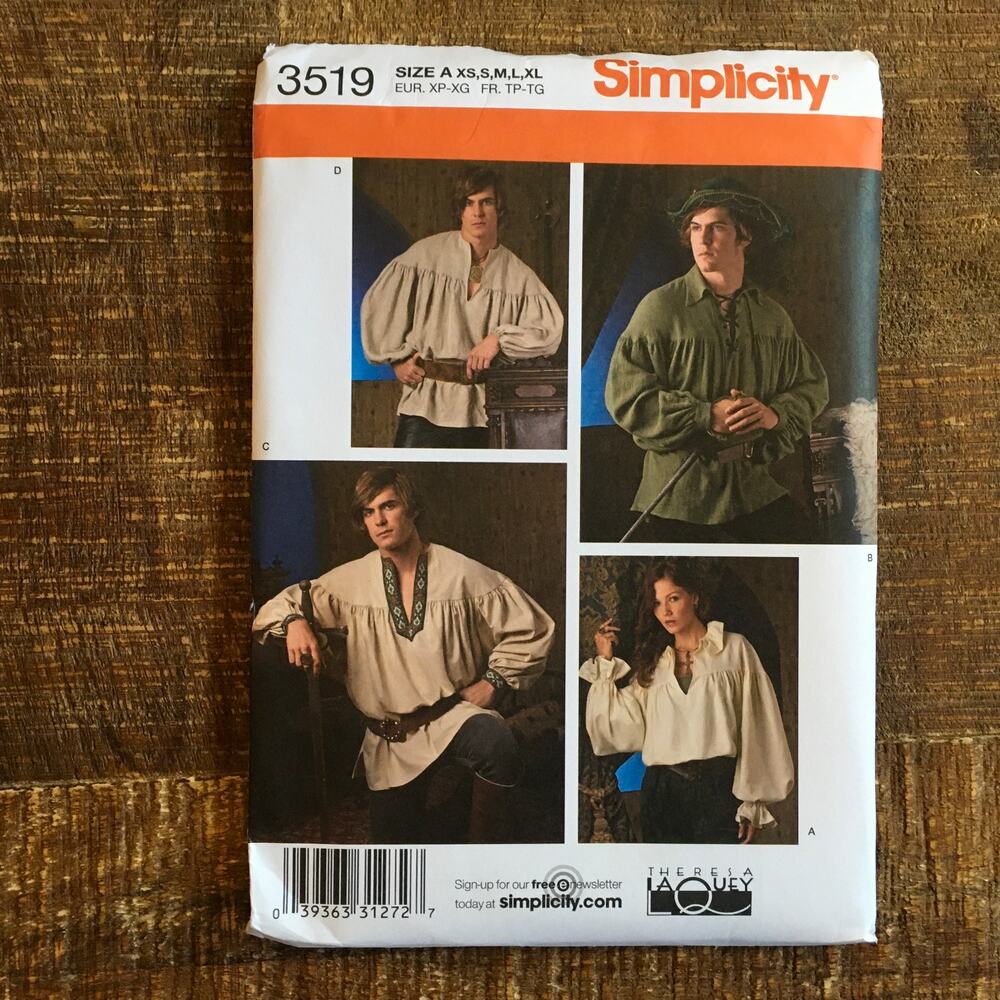 Simplicity Sewing Pattern 3519 Unisex Pirate Renaissance Poet Shirt XS-XL UNCUT